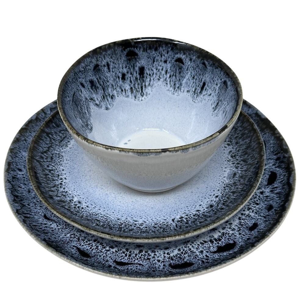 West Elm Reactive Glaze 3 pc. Place Setting Blue, Black, White Brown